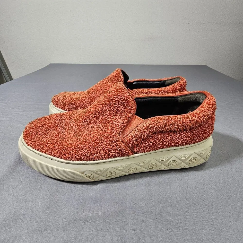 Tory Burch Howell Slip On Sneakers Womens 7.5 Orange Boucle Raffia Shoes 149646